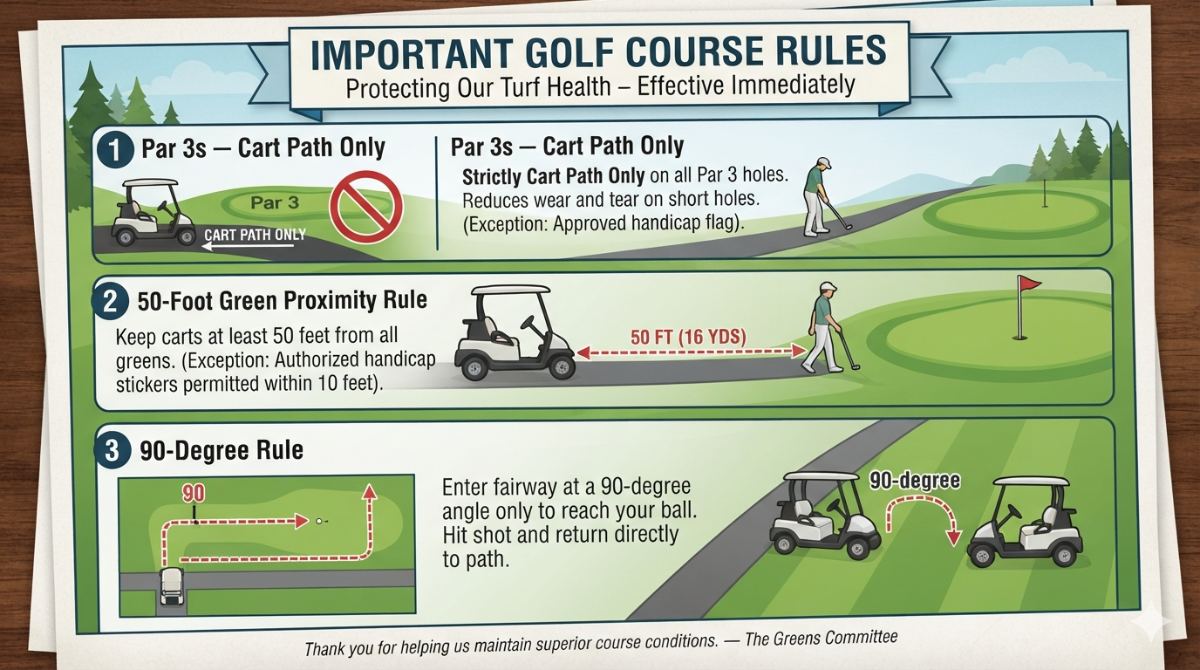 Course-care and cart-operation practices that support the continued recovery and protection of IRCC’s turf.