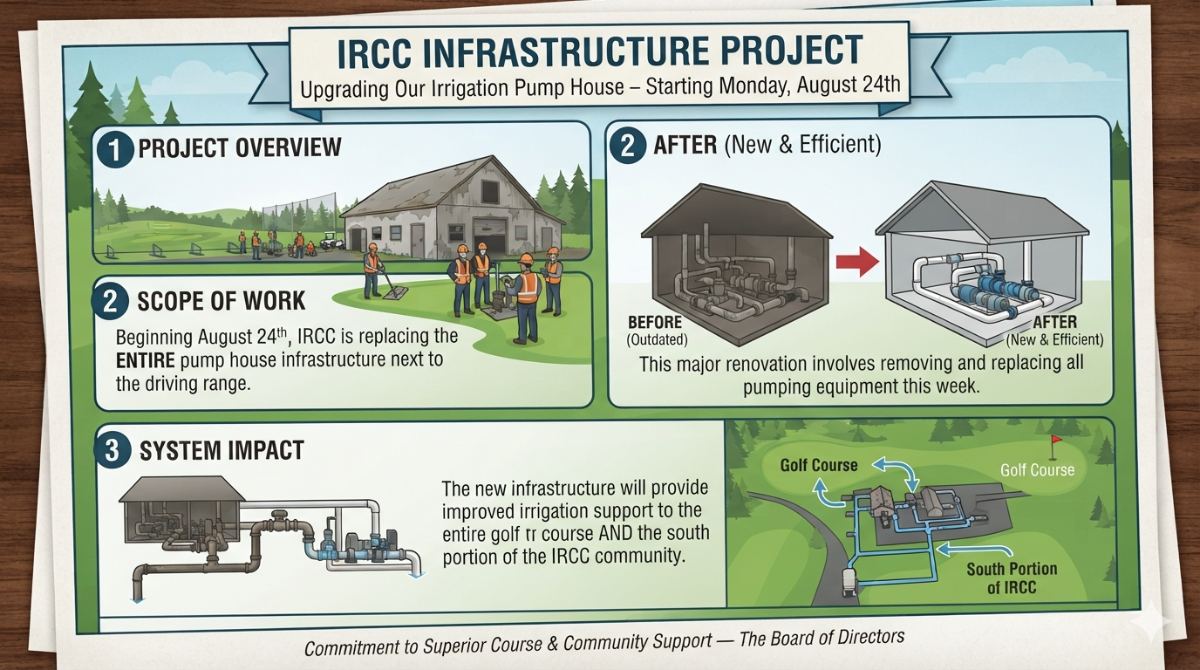 The pump house infrastructure adjacent to the driving range, scheduled for complete replacement beginning Monday, August 24.